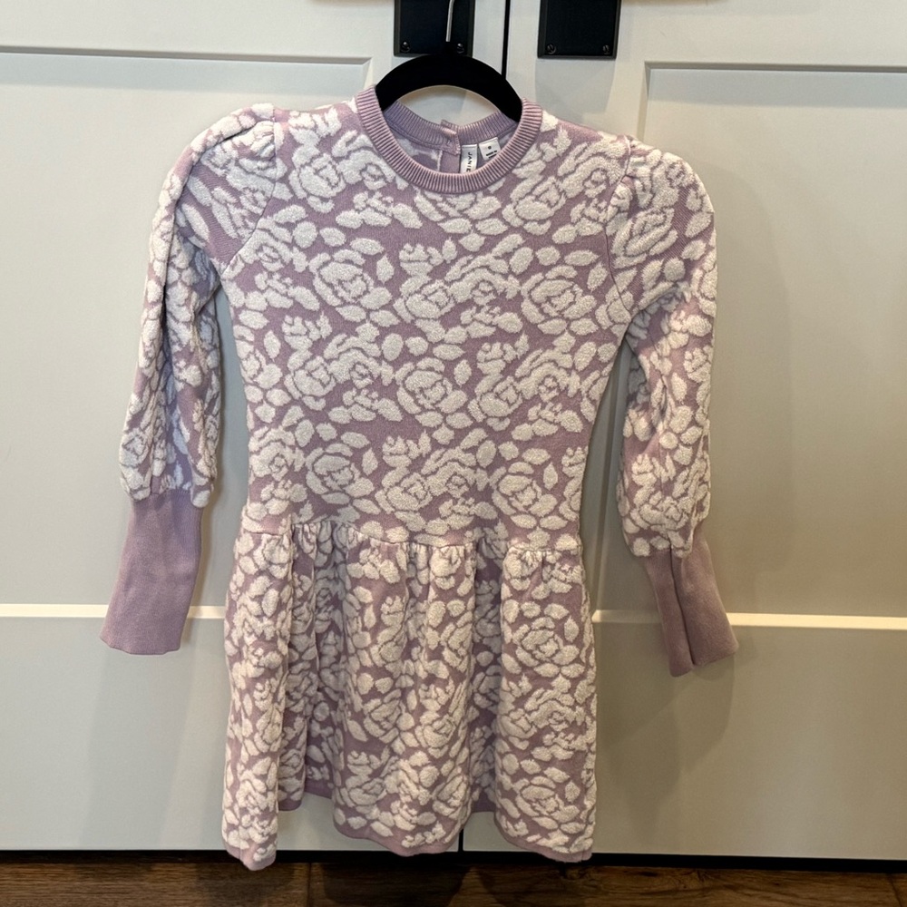 Girls’ Janie & Jack Lavender and Cream Knit Floral Sweater Dress - Sz 10